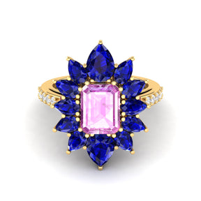 Maurya Solitaire Pink Amethyst Big Pollen Engagement Ring with Sapphire Halo