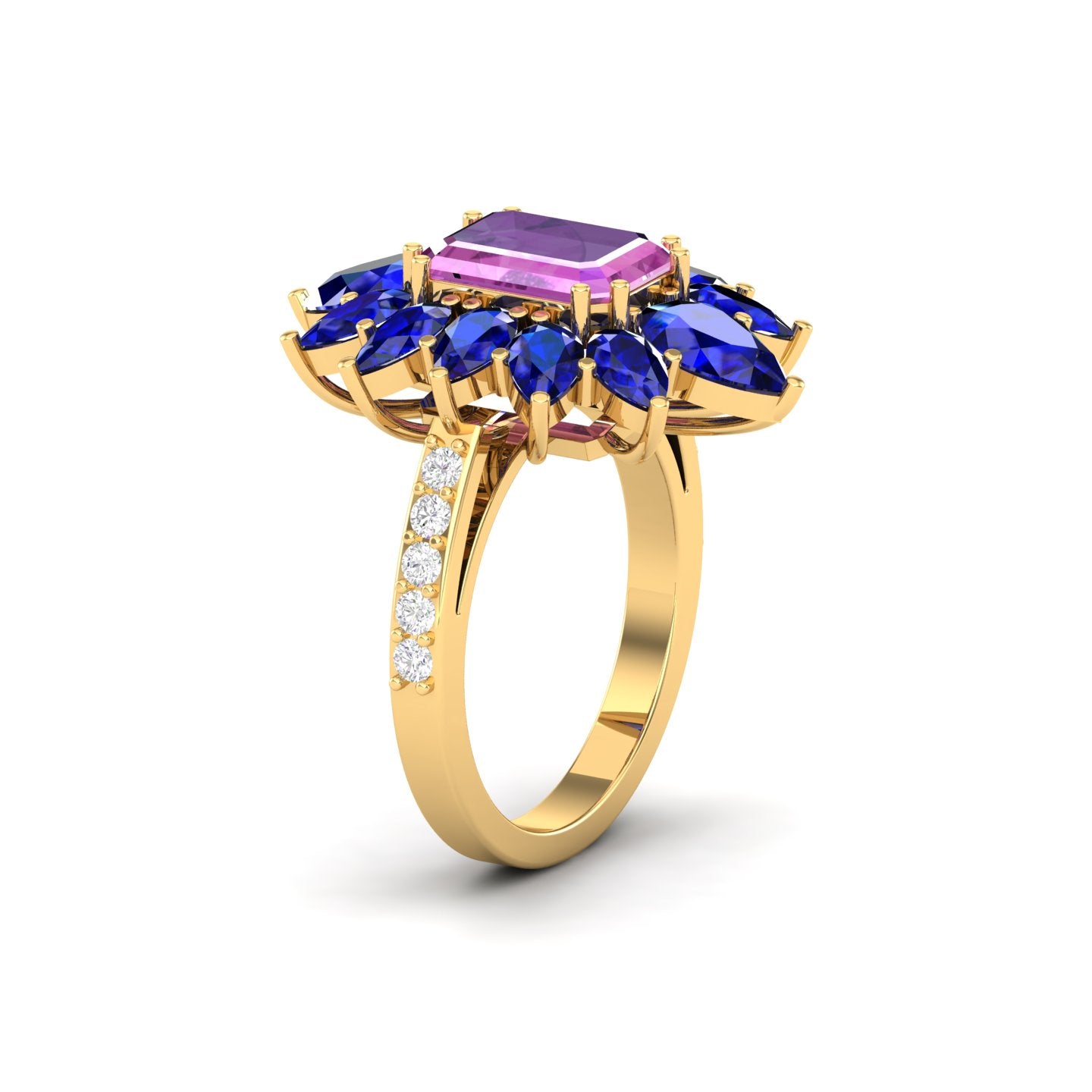 Maurya Solitaire Pink Amethyst Big Pollen Engagement Ring with Sapphire Halo
