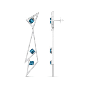 Maurya London Blue Topaz Vinkel Dangle Earrings with Diamonds