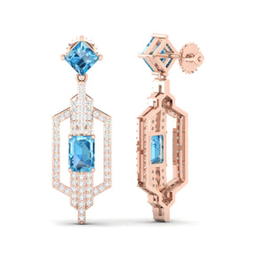 Maurya Blue Topaz Telum Dangle Earrings with Diamonds