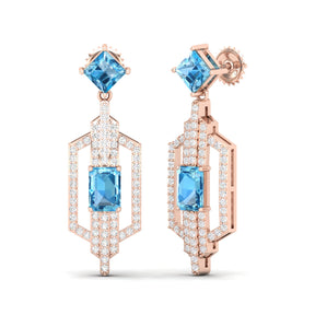 Maurya Blue Topaz Telum Dangle Earrings with Diamonds