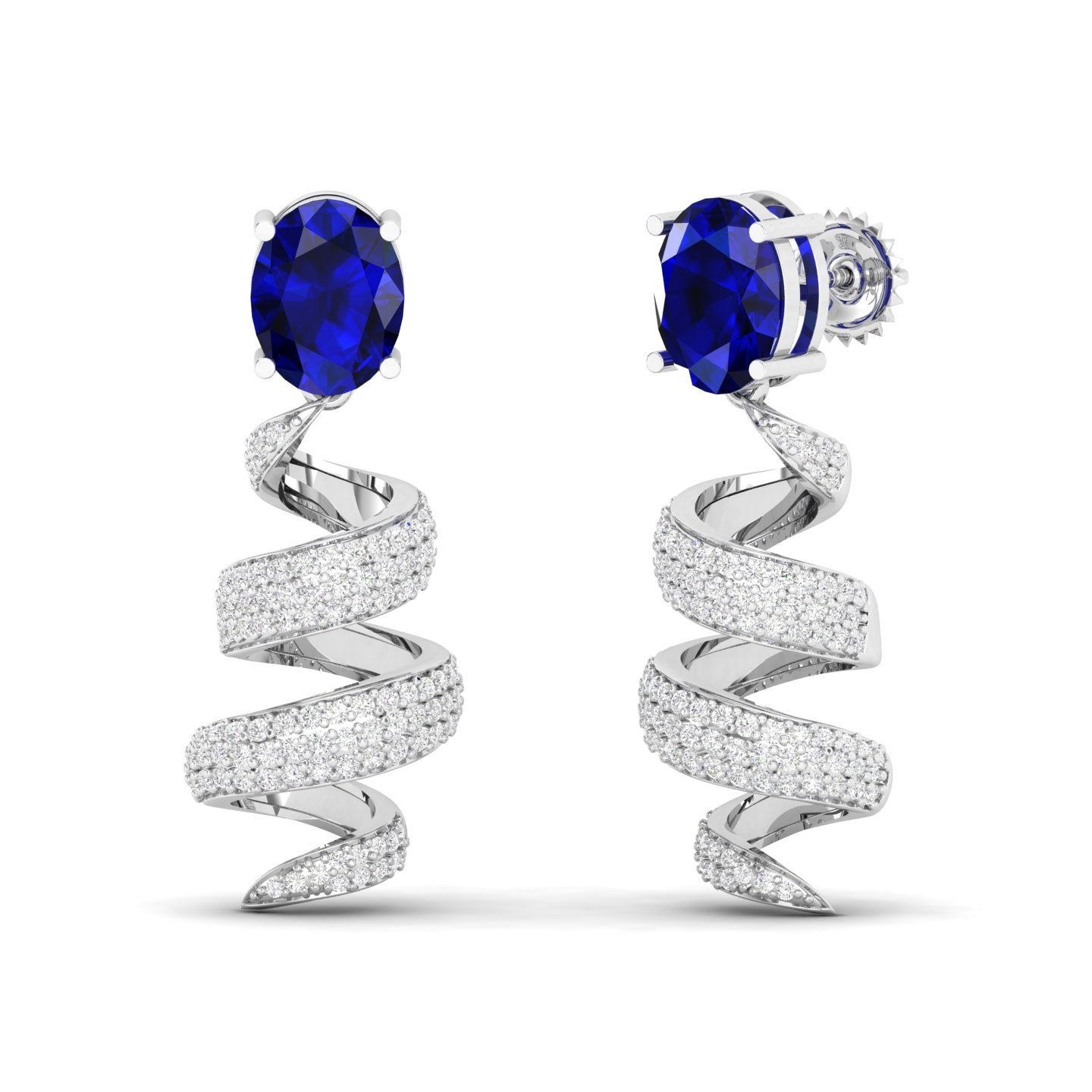 Maurya Blue Sapphire Spiral Push Back Earrings with Diamonds