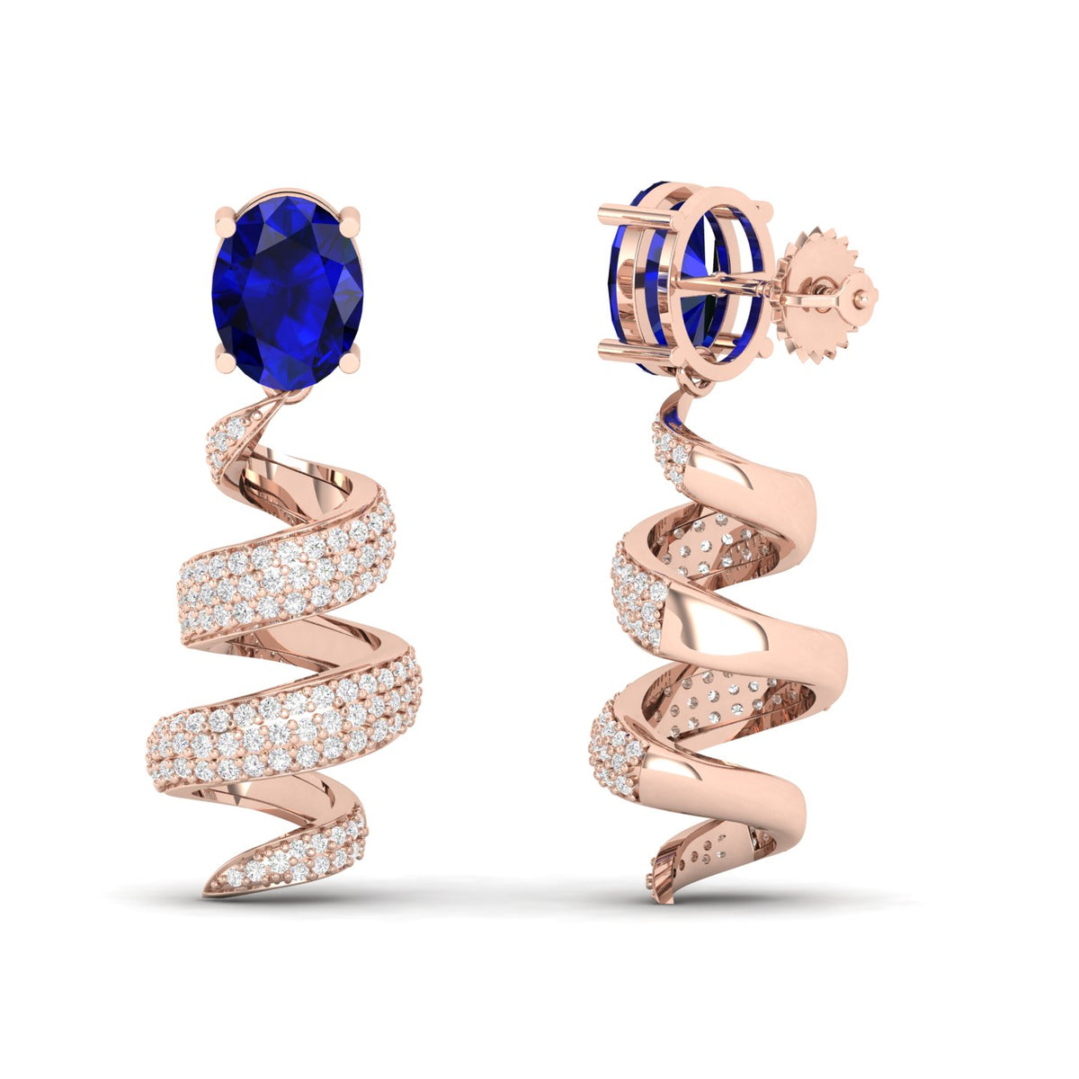 Maurya Blue Sapphire Spiral Push Back Earrings with Diamonds