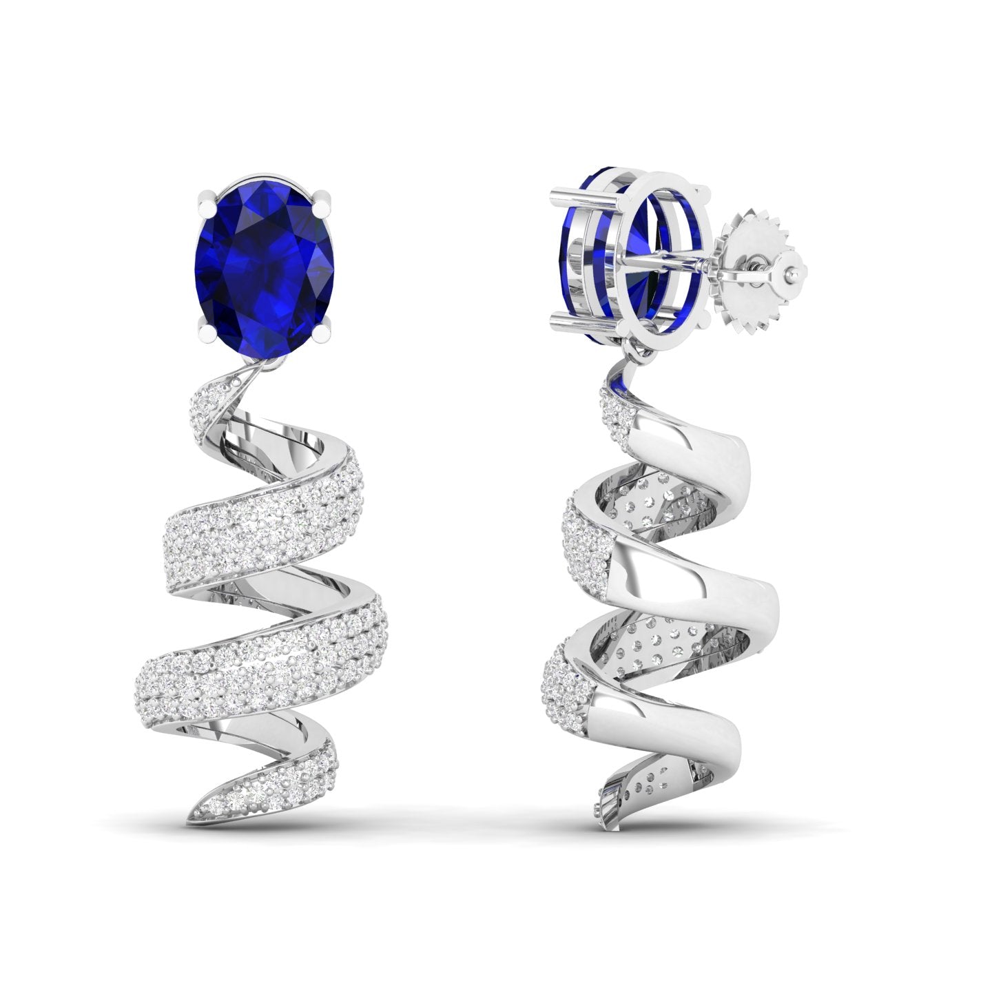 Maurya Blue Sapphire Spiral Push Back Earrings with Diamonds