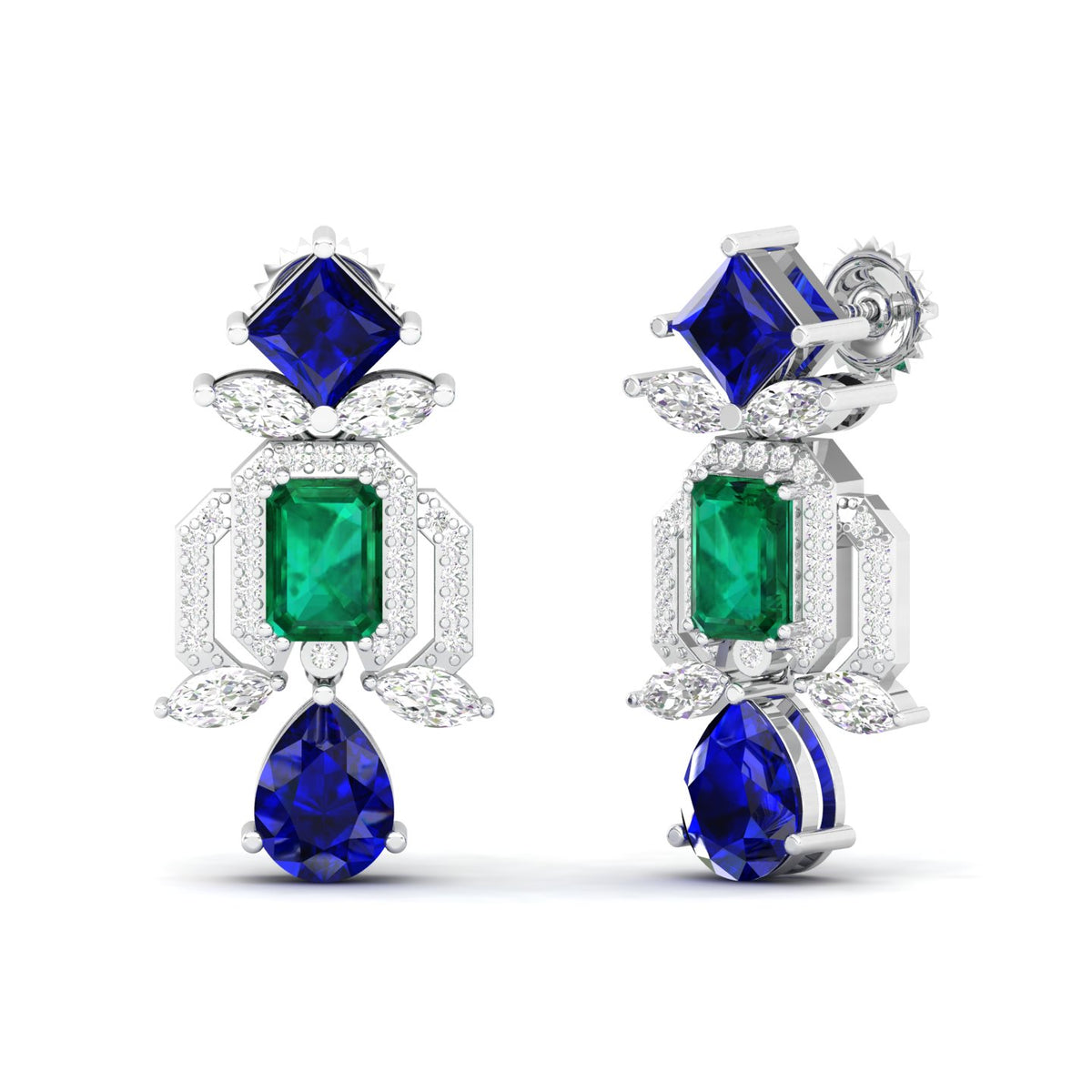 Maurya Blue Sapphire Kaiser Drop Earrings with Emeralds and Diamonds