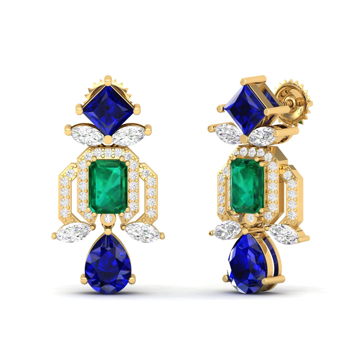 Maurya Blue Sapphire Kaiser Drop Earrings with Emeralds and Diamonds