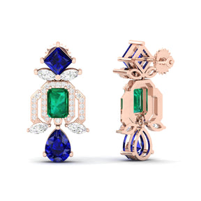 Maurya Blue Sapphire Kaiser Drop Earrings with Emeralds and Diamonds
