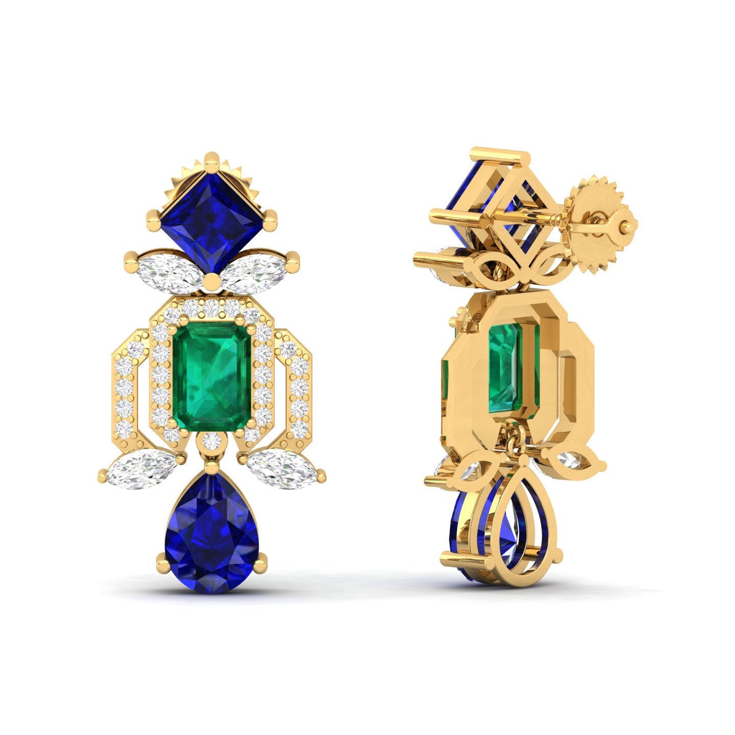 Maurya Blue Sapphire Kaiser Drop Earrings with Emeralds and Diamonds