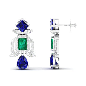 Maurya Blue Sapphire Kaiser Drop Earrings with Emeralds and Diamonds