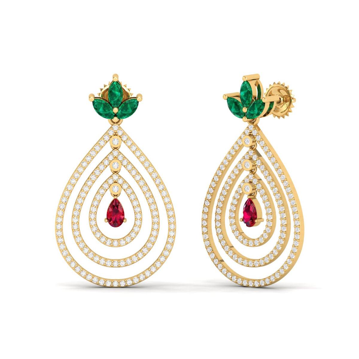 Maurya Fete Emerald Push Back Earrings with Ruby and Diamonds