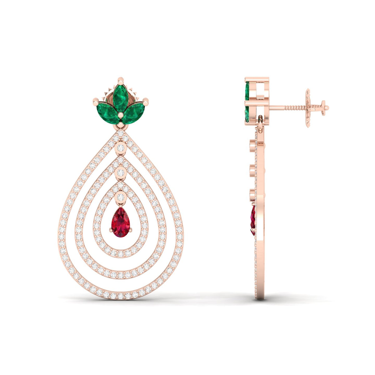 Maurya Fete Emerald Push Back Earrings with Ruby and Diamonds