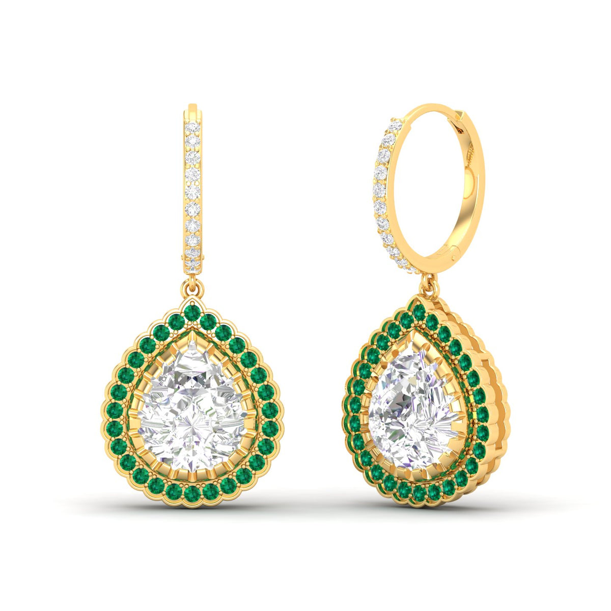 Maurya Sun Drop White Topaz Latch Back Earrings with Emerald Halo