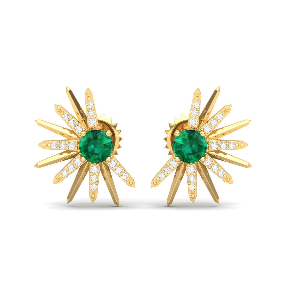 Maurya Emerald Rays From The Center Push Back Earrings with Diamonds