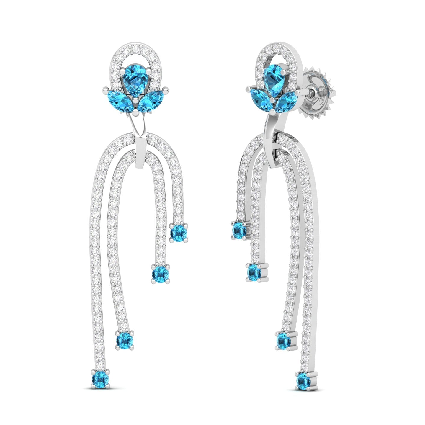 Maurya Blue Topaz Sconce Dangle Earrings with Pave Set Diamonds