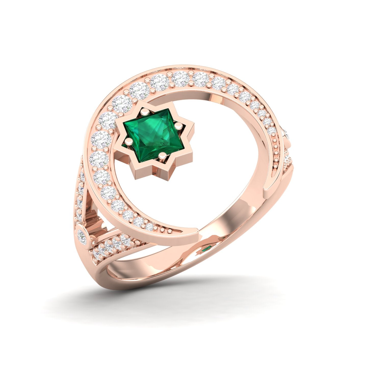 Maurya Square Emerald and Diamond Split-Shank Star Moon Cocktail Ring