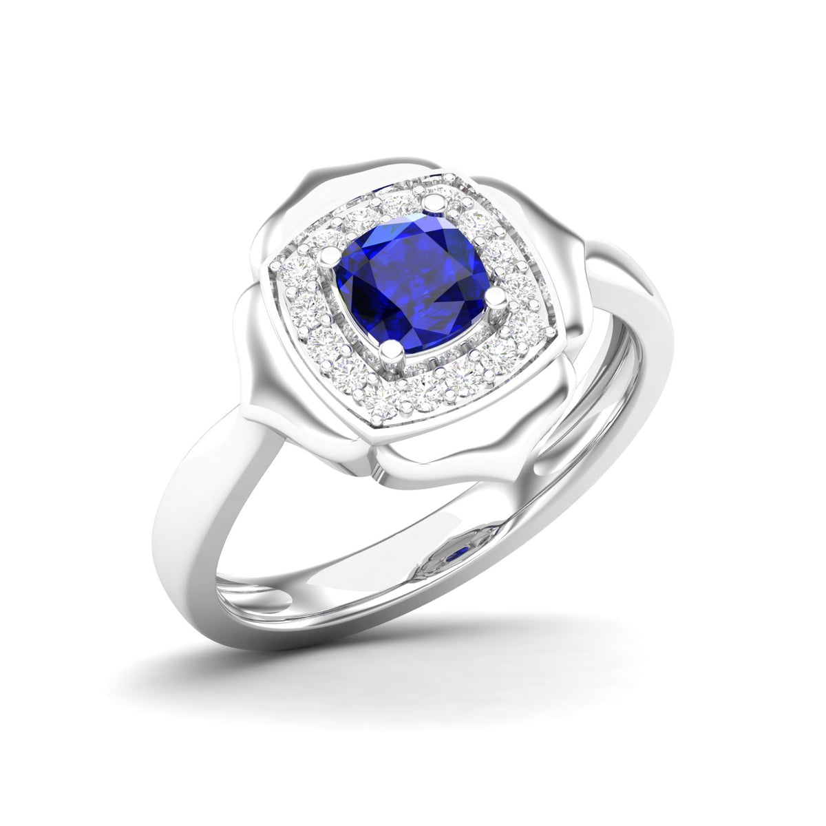 Maurya Solitaire Cushion Sapphire Prime Engagement Ring with Diamond Halo