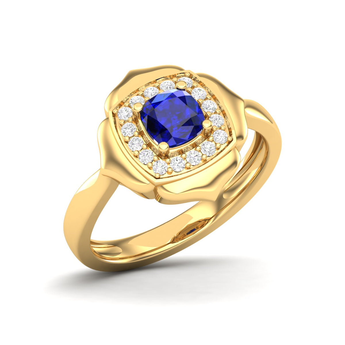 Maurya Solitaire Cushion Sapphire Prime Engagement Ring with Diamond Halo