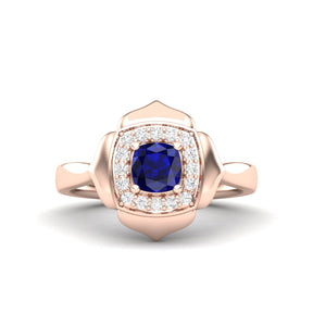 Maurya Solitaire Cushion Sapphire Prime Engagement Ring with Diamond Halo