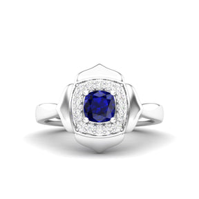 Maurya Solitaire Cushion Sapphire Prime Engagement Ring with Diamond Halo