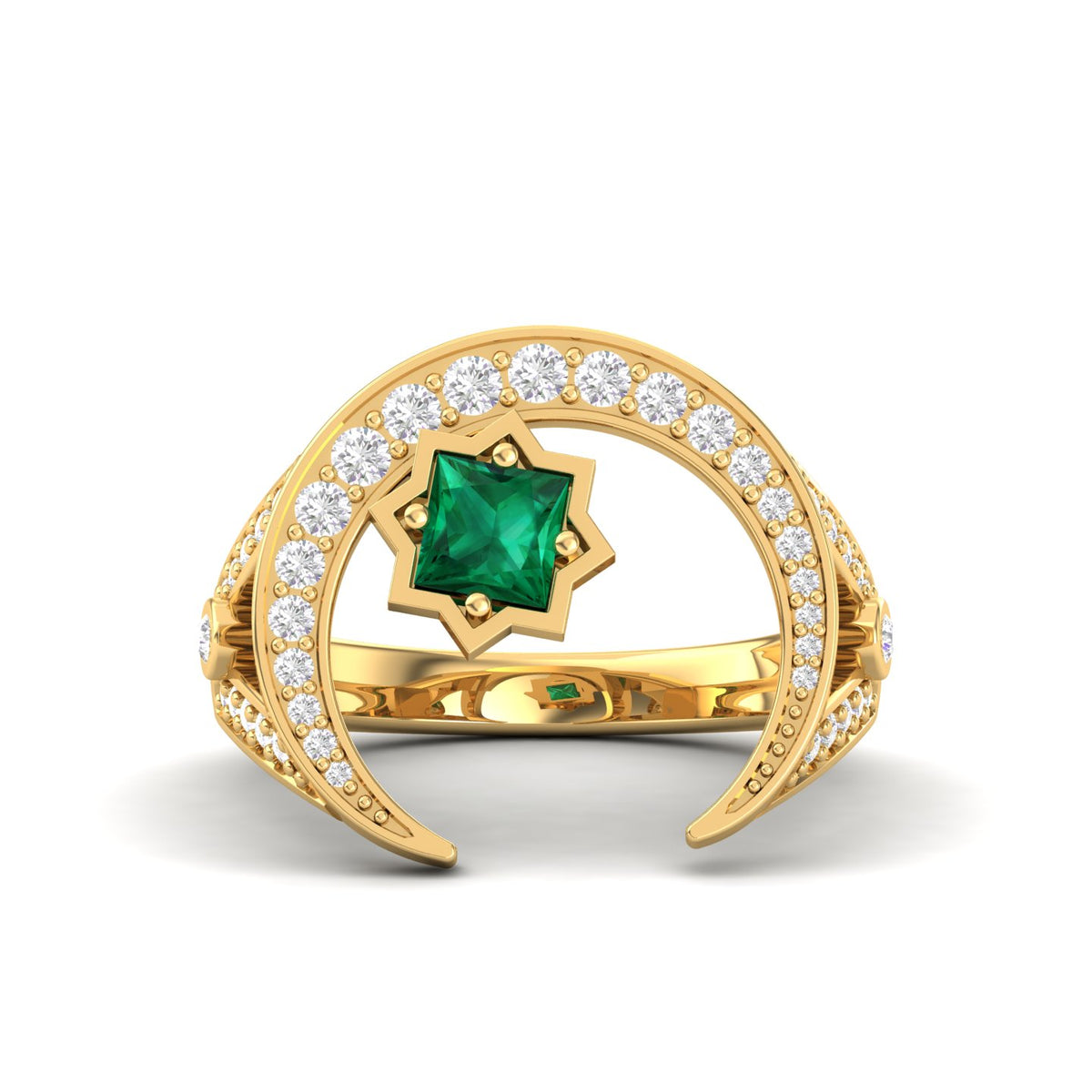 Maurya Square Emerald and Diamond Split-Shank Star Moon Cocktail Ring