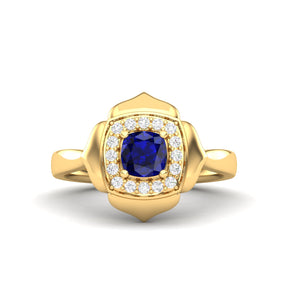 Maurya Solitaire Cushion Sapphire Prime Engagement Ring with Diamond Halo